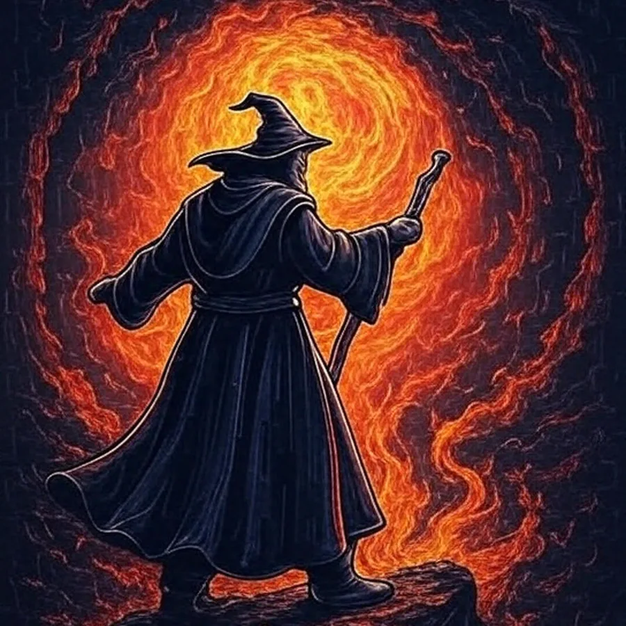 The Mountain Magi artwork: a robed wizard on a mountaintop, staff raised, in front of a swirl of fire